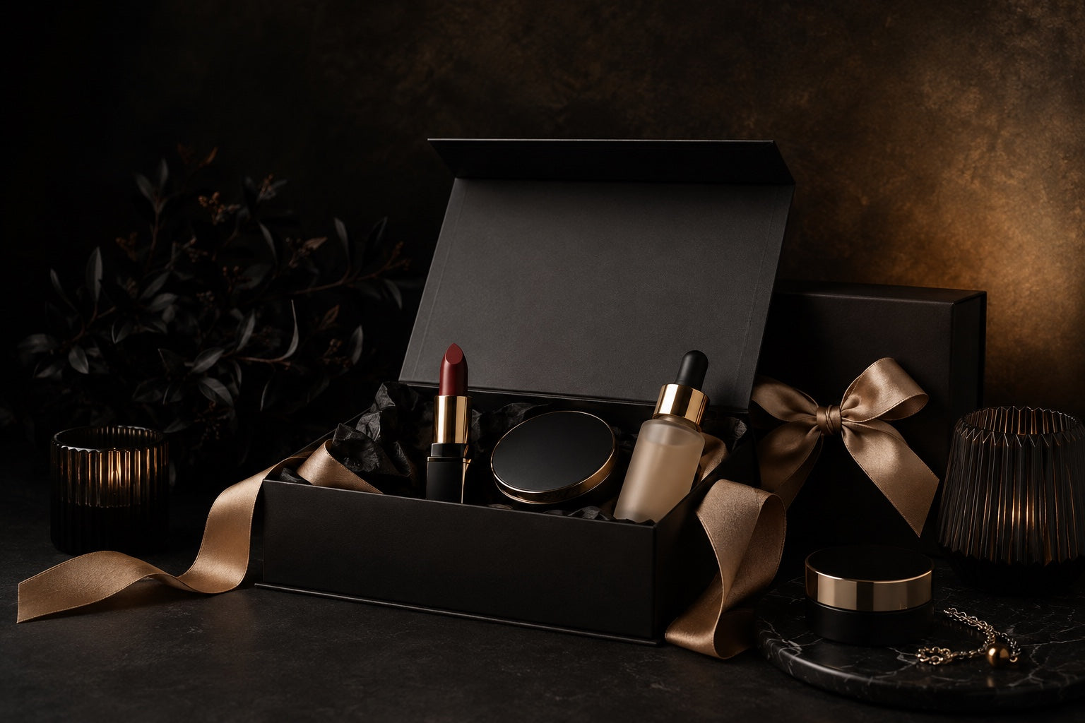 Black beauty gift box with makeup, serum and champagne satin ribbon