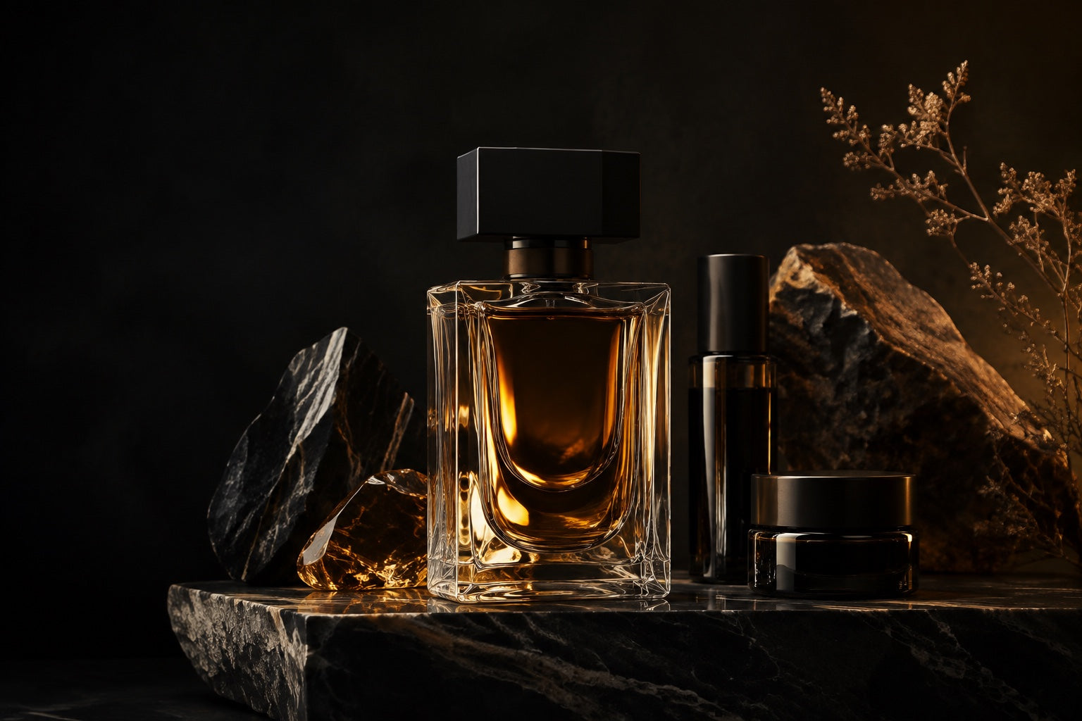 Amber perfume in a sculptural glass bottle with a black cap