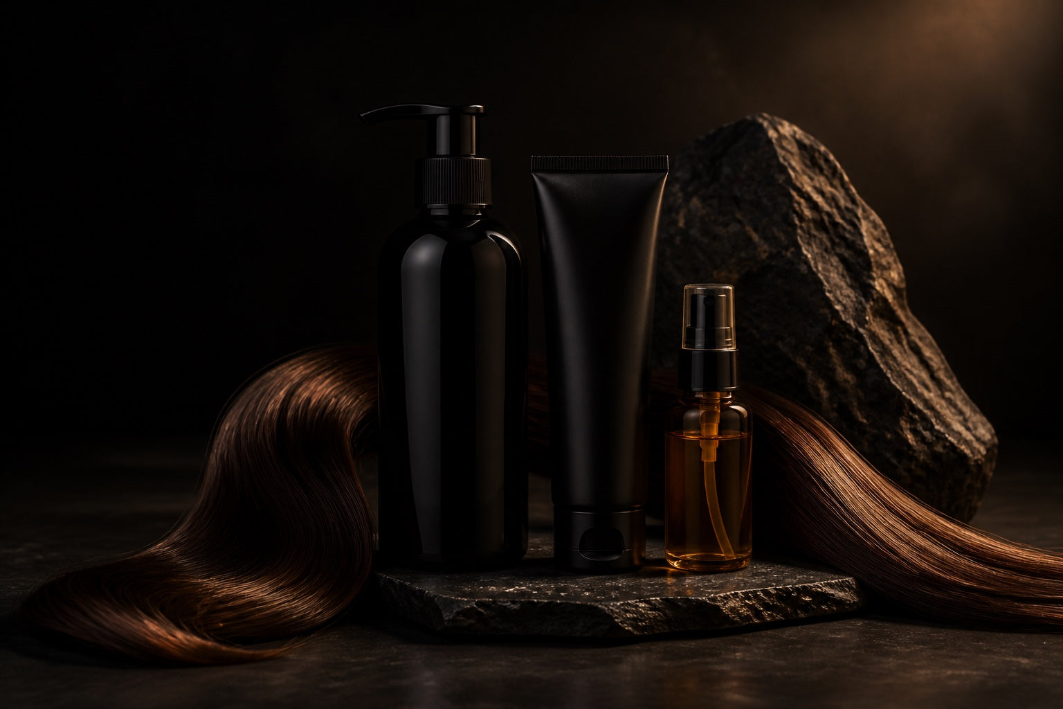 Black hair care bottles and amber hair oil beside glossy brown hair