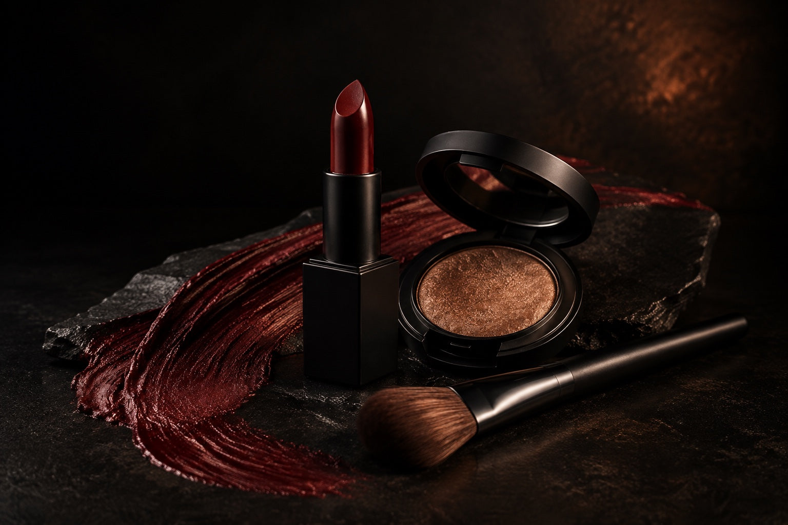 Burgundy lipstick, bronze compact and makeup brush on dark stone
