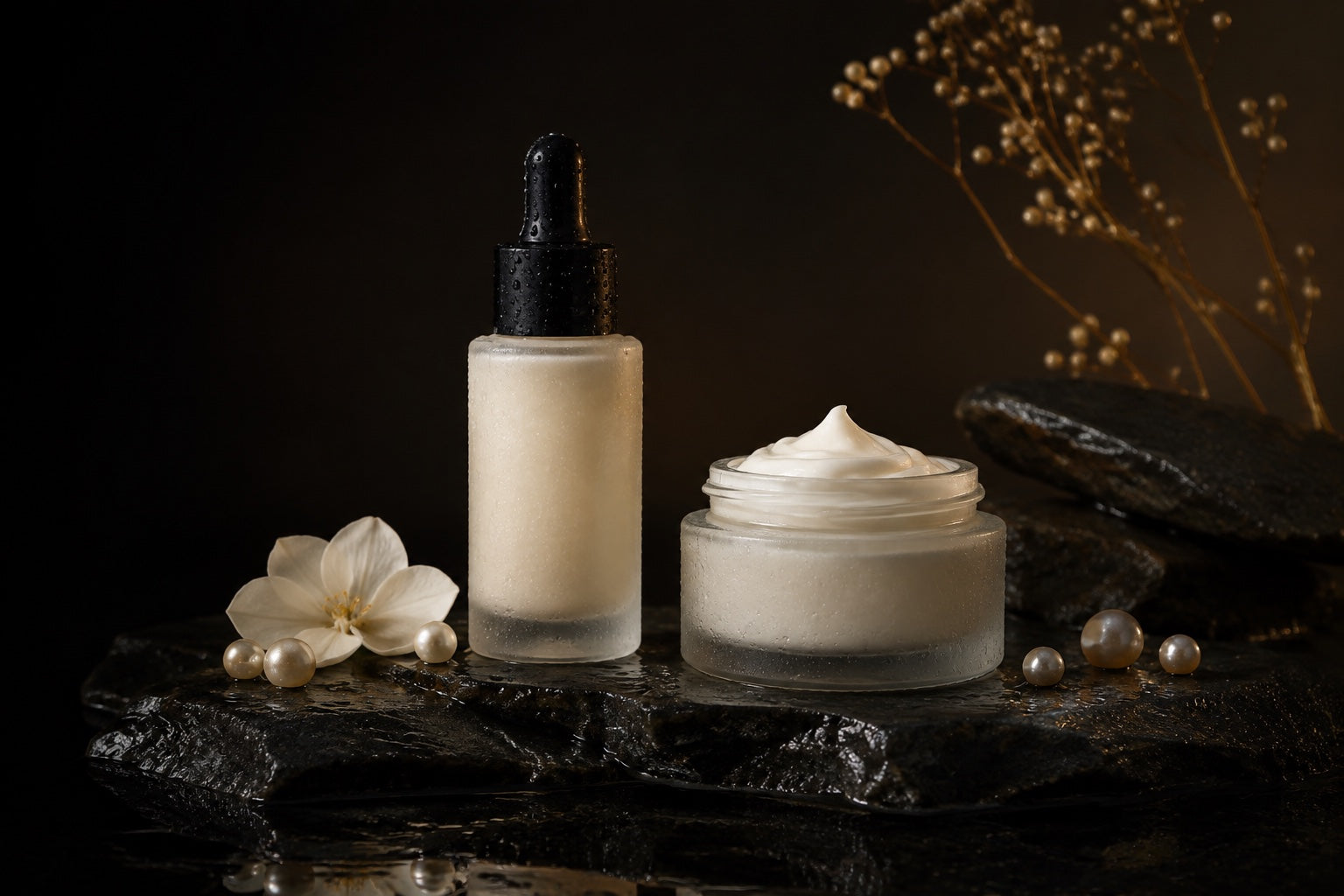 Frosted serum bottle and cream jar on dew-covered dark stone